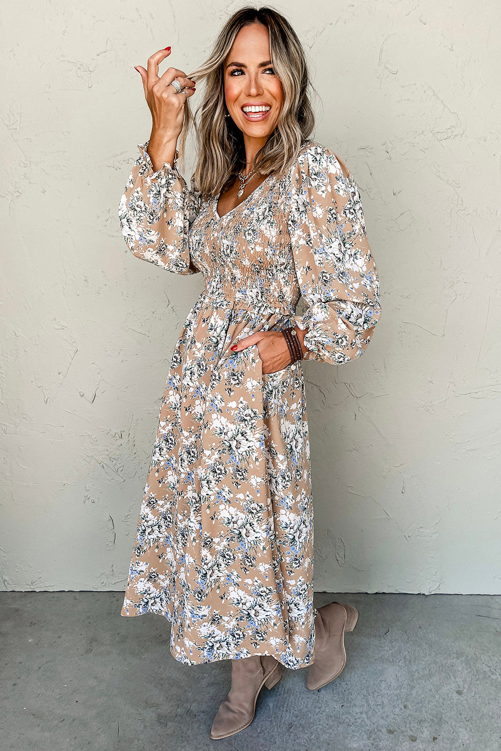 Khaki Maple Grove Floral Smocked Puff Sleeve Maxi Dress