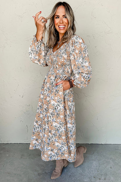Khaki Maple Grove Floral Smocked Puff Sleeve Maxi Dress