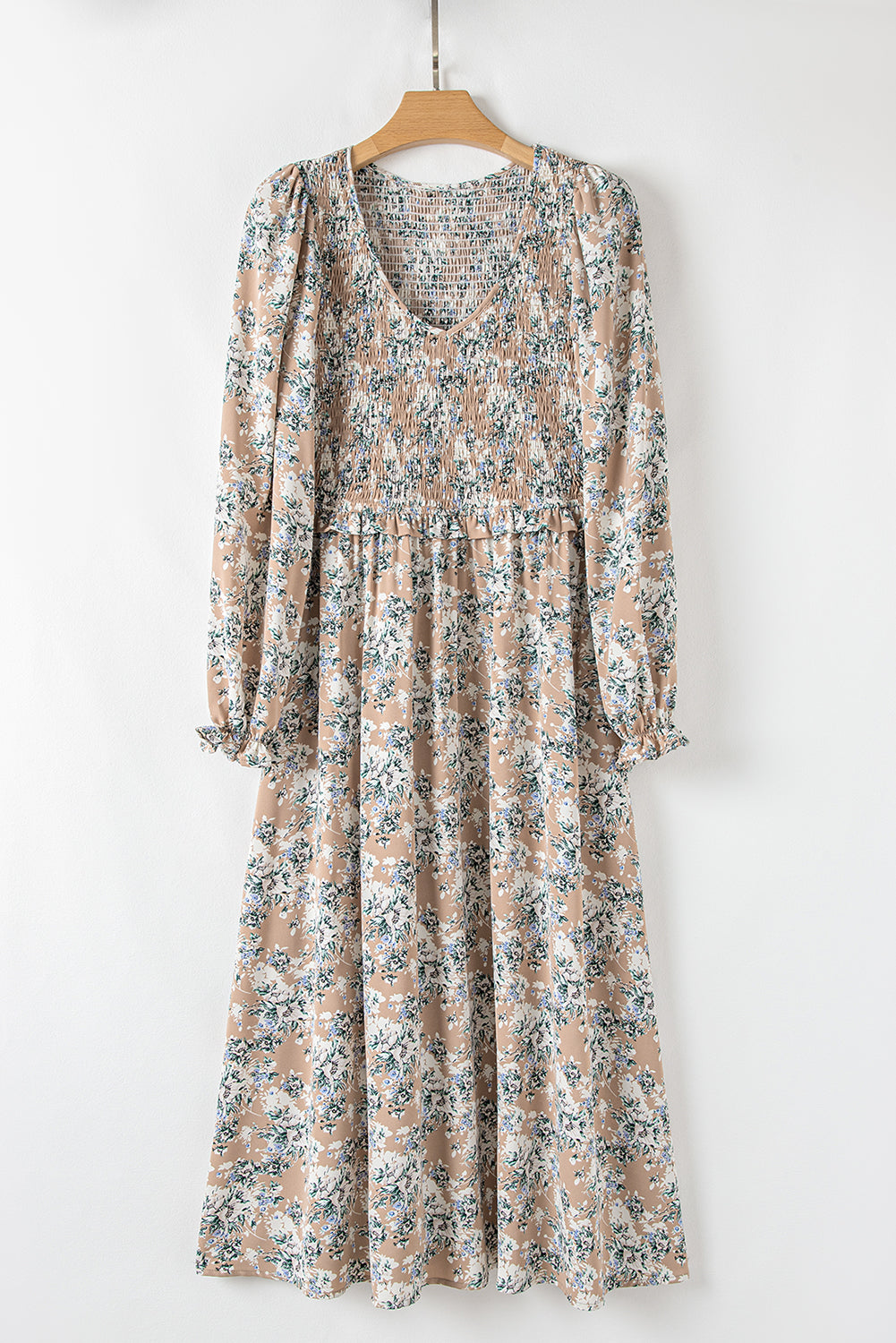 Khaki Maple Grove Floral Smocked Puff Sleeve Maxi Dress