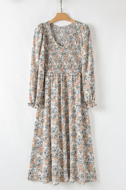 Khaki Maple Grove Floral Smocked Puff Sleeve Maxi Dress
