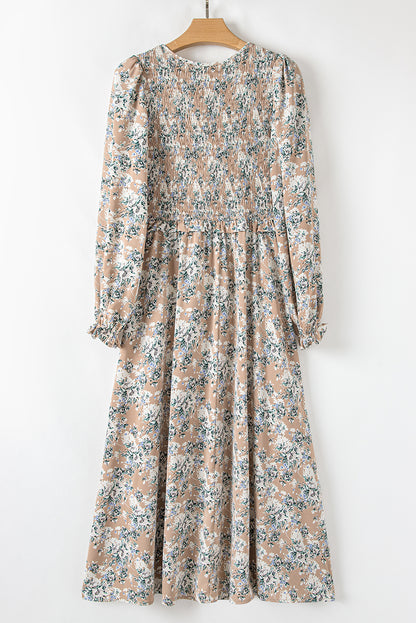 Khaki Maple Grove Floral Smocked Puff Sleeve Maxi Dress