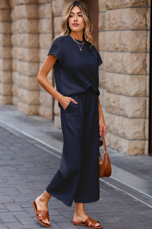 Navy Blue Textured Two-Piece Set – Short Sleeve Top & Casual Pants | Women’s Outfit