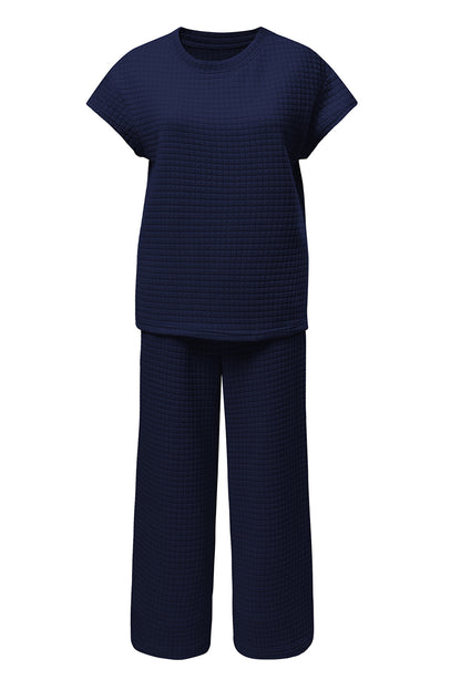 Navy Blue Textured Two-Piece Set – Short Sleeve Top & Casual Pants | Women’s Outfit