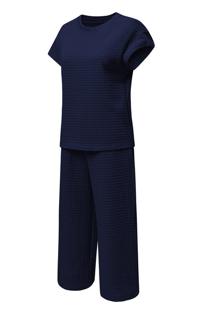 Navy Blue Textured Two-Piece Set – Short Sleeve Top & Casual Pants | Women’s Outfit
