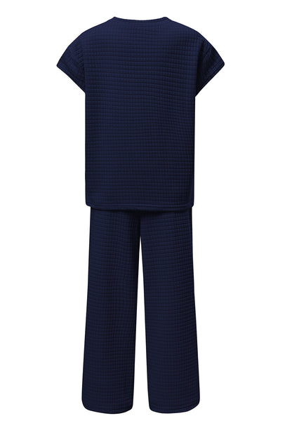 Navy Blue Textured Two-Piece Set – Short Sleeve Top & Casual Pants | Women’s Outfit