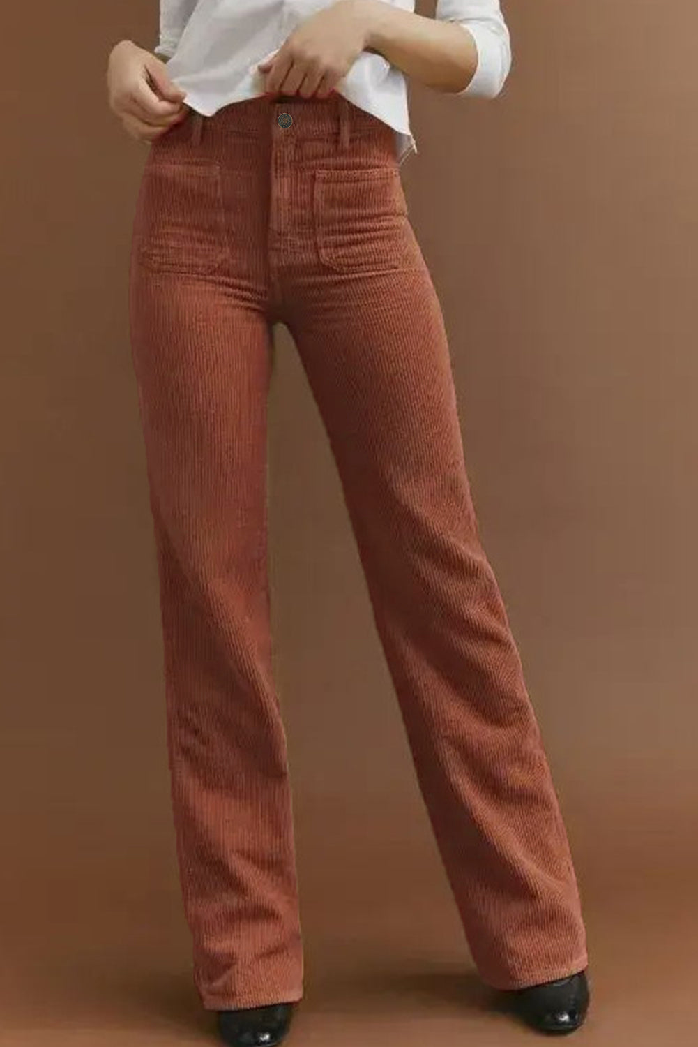 High Waist Square Pockets Corduroy Pants – Brown