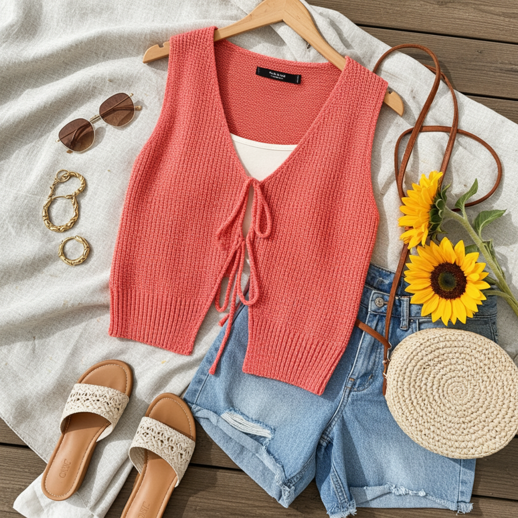 Tomato Red Lace-Up Front V-Neck Sweater Vest – Sleeveless Knit Layering Top