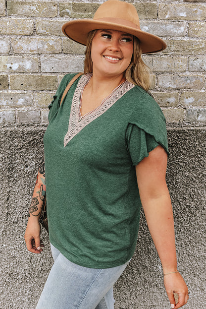 Blackish Green Embroidered V-Neck Draped Sleeve Plus Size Blouse