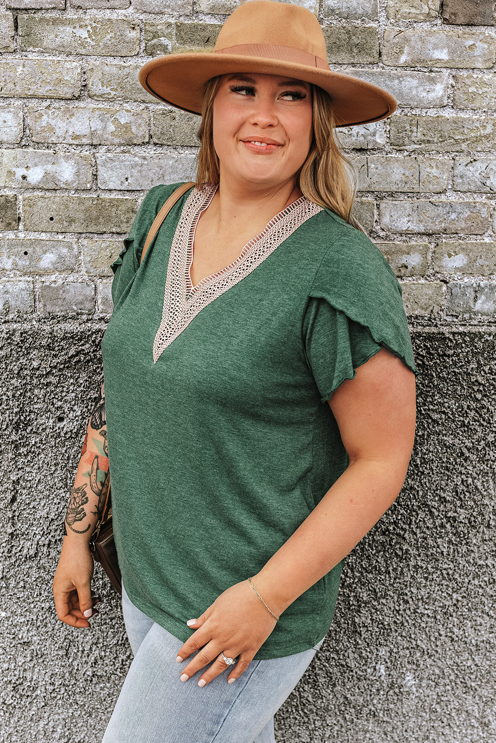Blackish Green Embroidered V-Neck Draped Sleeve Plus Size Blouse