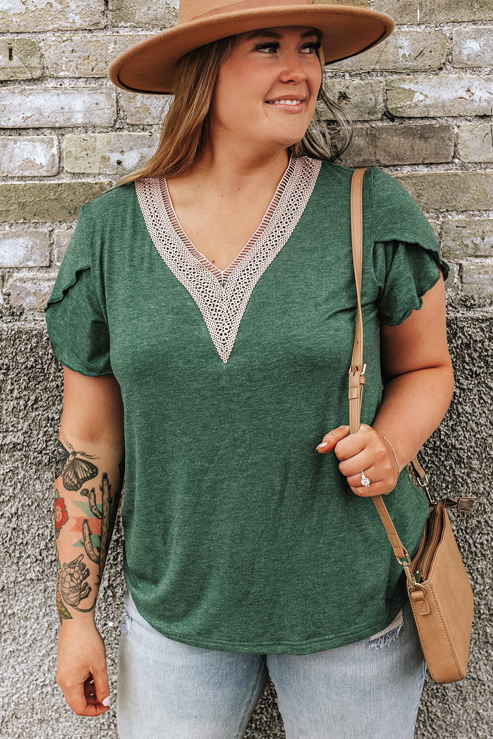 Blackish Green Embroidered V-Neck Draped Sleeve Plus Size Blouse