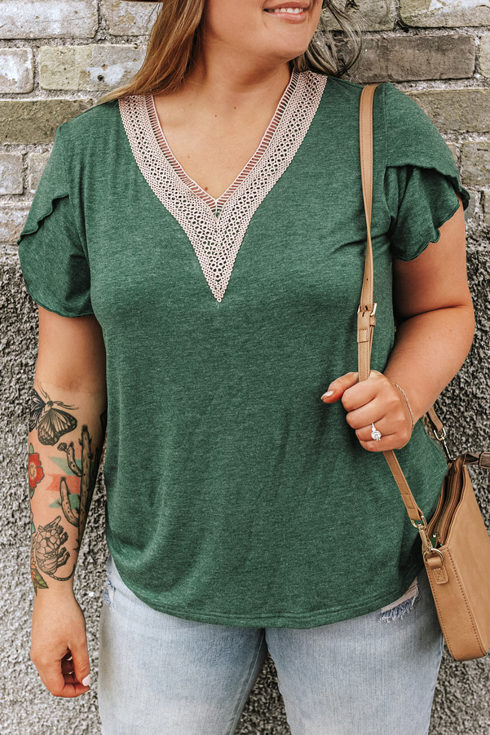Blackish Green Embroidered V-Neck Draped Sleeve Plus Size Blouse