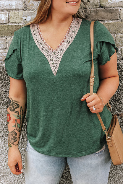 Blackish Green Embroidered V-Neck Draped Sleeve Plus Size Blouse