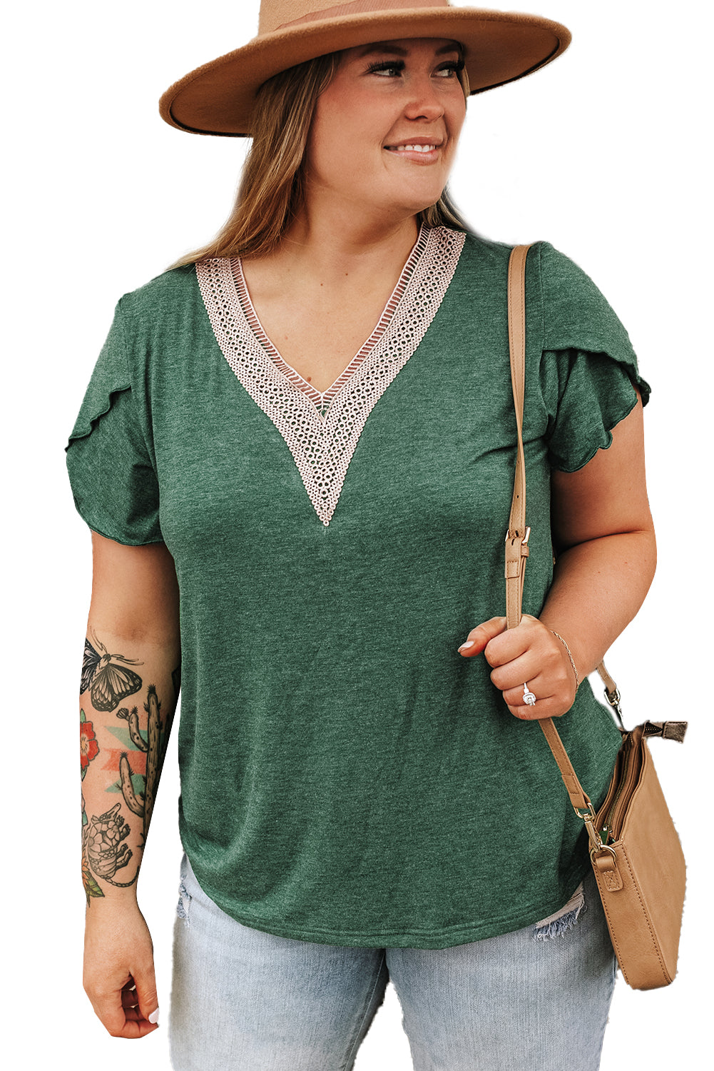 Blackish Green Embroidered V-Neck Draped Sleeve Plus Size Blouse