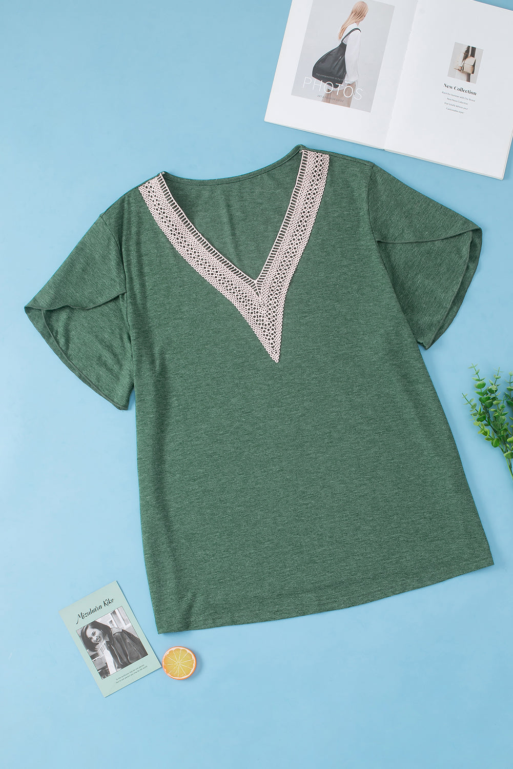 Blackish Green Embroidered V-Neck Draped Sleeve Plus Size Blouse