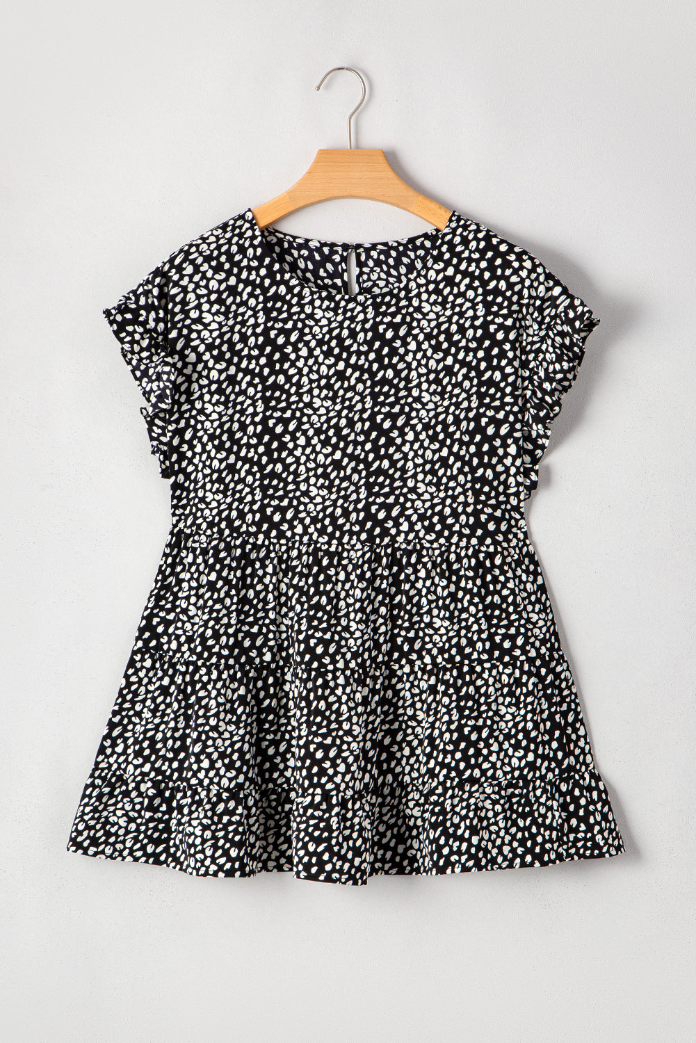 Black Leopard Print Ruffled Keyhole Back Tiered Plus Size Blouse