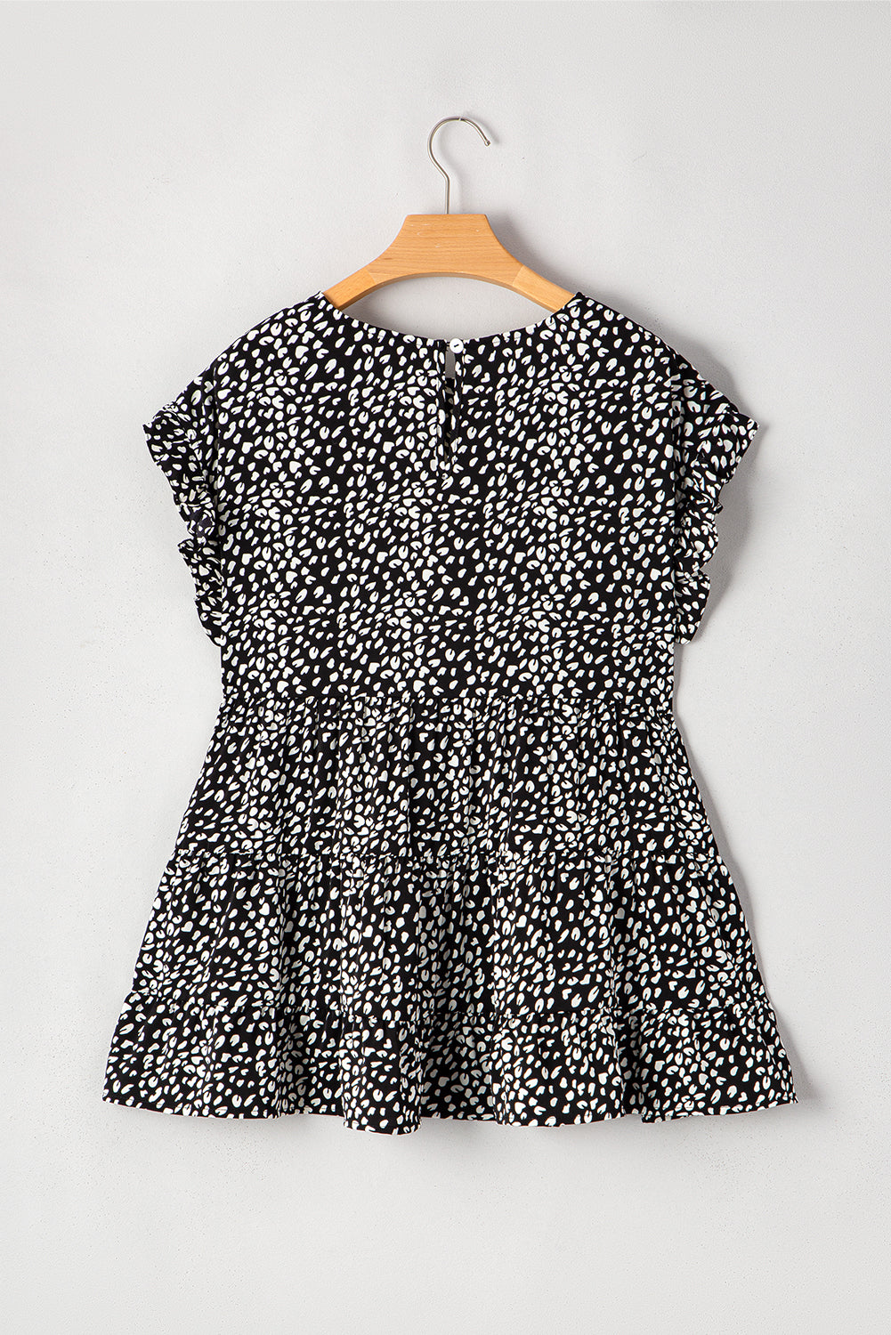 Black Leopard Print Ruffled Keyhole Back Tiered Plus Size Blouse