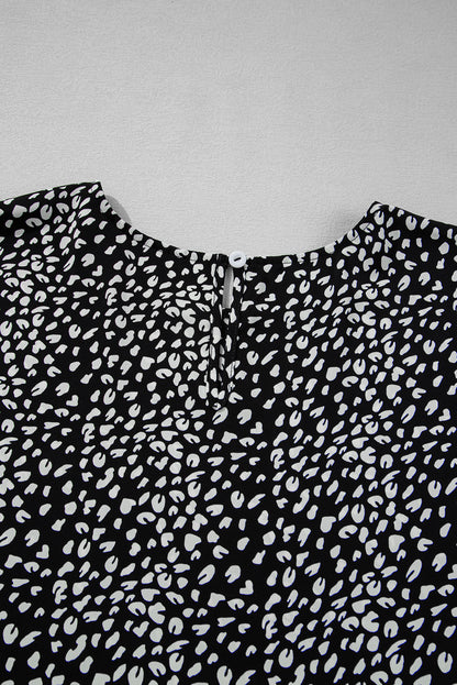 Black Leopard Print Ruffled Keyhole Back Tiered Plus Size Blouse