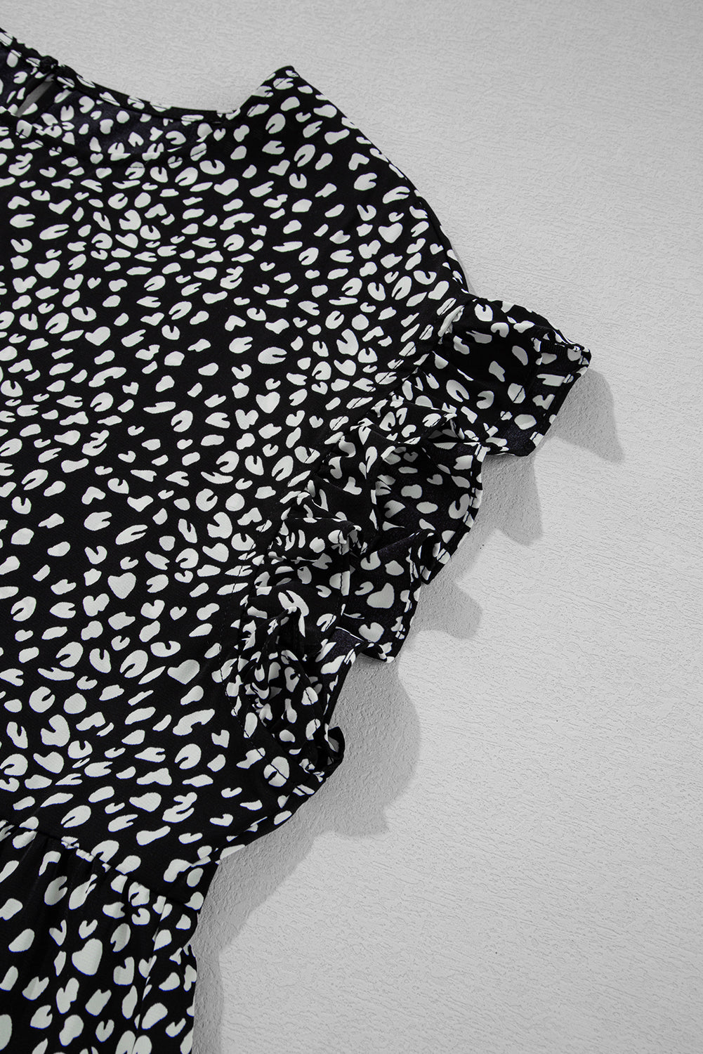 Black Leopard Print Ruffled Keyhole Back Tiered Plus Size Blouse