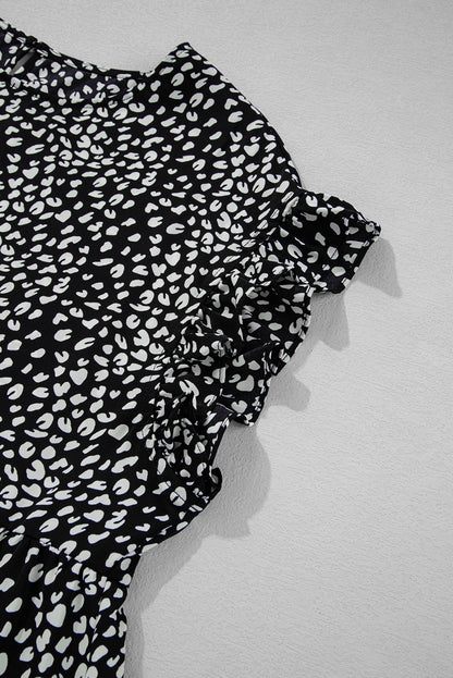 Black Leopard Print Ruffled Keyhole Back Tiered Plus Size Blouse