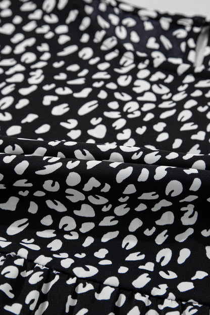 Black Leopard Print Ruffled Keyhole Back Tiered Plus Size Blouse