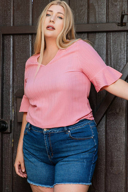 Peach Blossom Ruffled V-Neck Textured Plus Size Top
