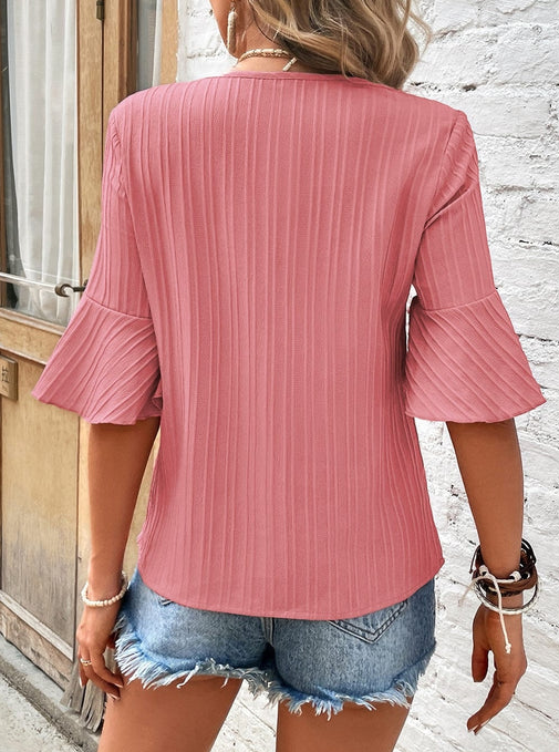 Peach Blossom Ruffled Half Sleeve V Neck Textured Top