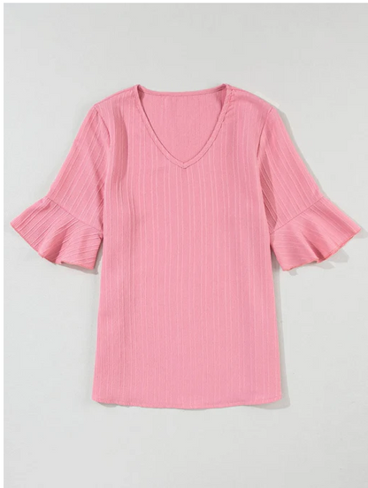Peach Blossom Ruffled Half Sleeve V Neck Textured Top