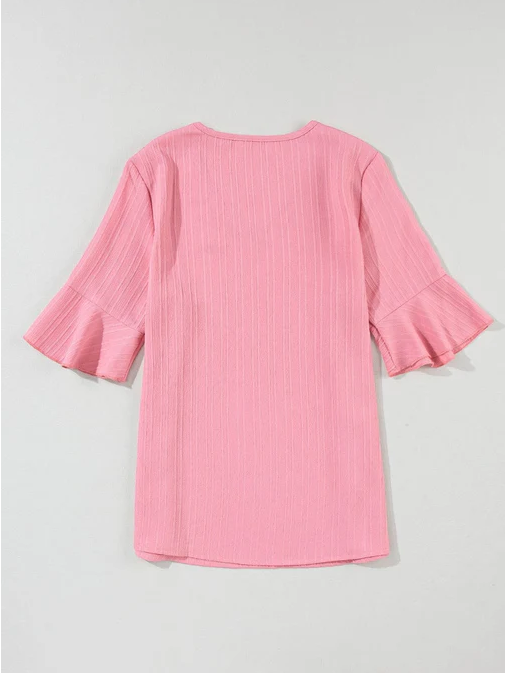 Peach Blossom Ruffled Half Sleeve V Neck Textured Top