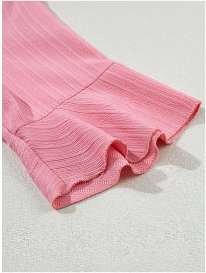 Peach Blossom Ruffled Half Sleeve V Neck Textured Top