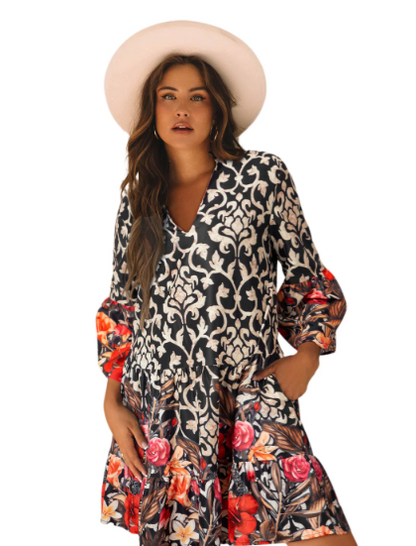 Black Retro Floral Mixed Print Split Neck A-Line Dress | Women’s Boho Tunic Mini Dress