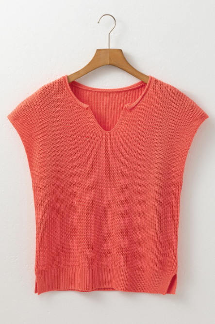 Flamingo Textured Knit Notch V-Neck Sweater Tee | Women’s Casual Lightweight Top