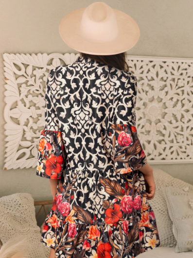 Black Retro Floral Mixed Print Split Neck A-Line Dress | Women’s Boho Tunic Mini Dress