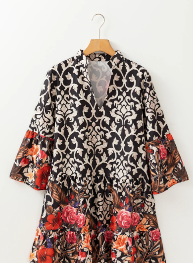 Black Retro Floral Mixed Print Split Neck A-Line Dress | Women’s Boho Tunic Mini Dress
