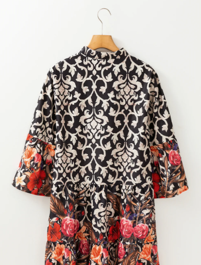 Black Retro Floral Mixed Print Split Neck A-Line Dress | Women’s Boho Tunic Mini Dress