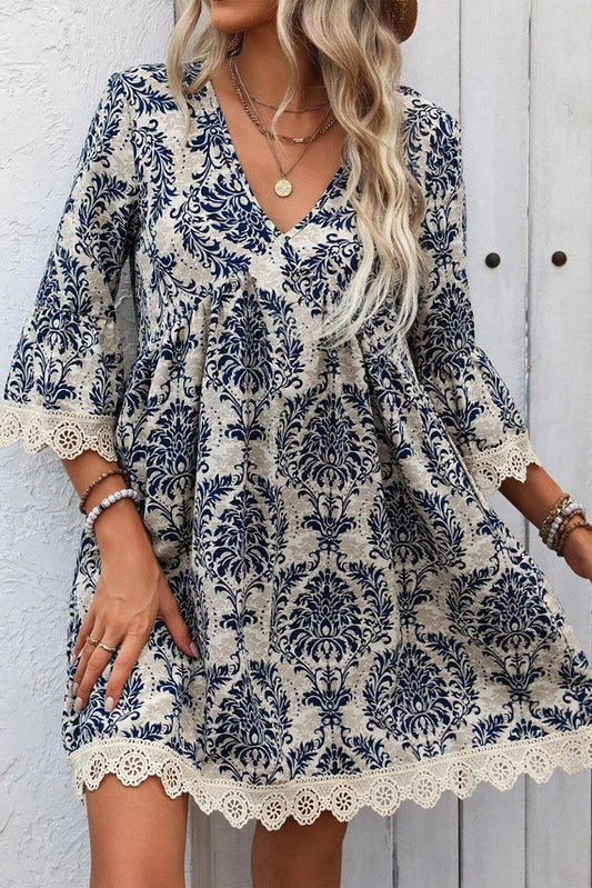 Sky Blue Vintage Printed Lace Trim V Neck Dress