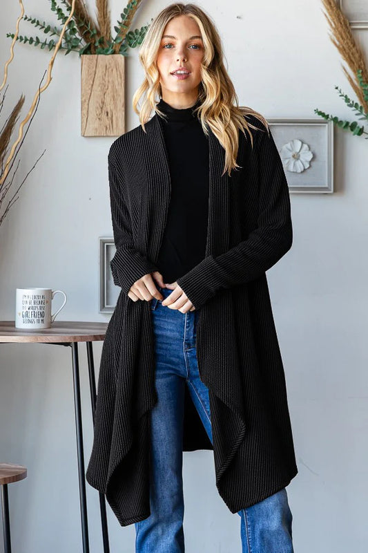 Charcoal Urban Ribbed Open Cardigan | Long Sleeve Asymmetrical Hem with Pockets