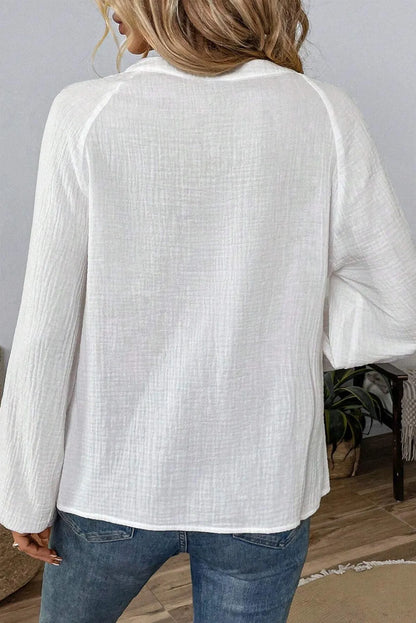 White Paisley Embroidered Split Neck Puff Sleeve Blouse | Boho Chic Top