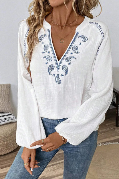 White Paisley Embroidered Split Neck Puff Sleeve Blouse | Boho Chic Top