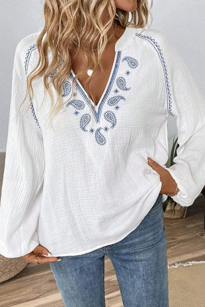 White Paisley Embroidered Split Neck Puff Sleeve Blouse | Boho Chic Top