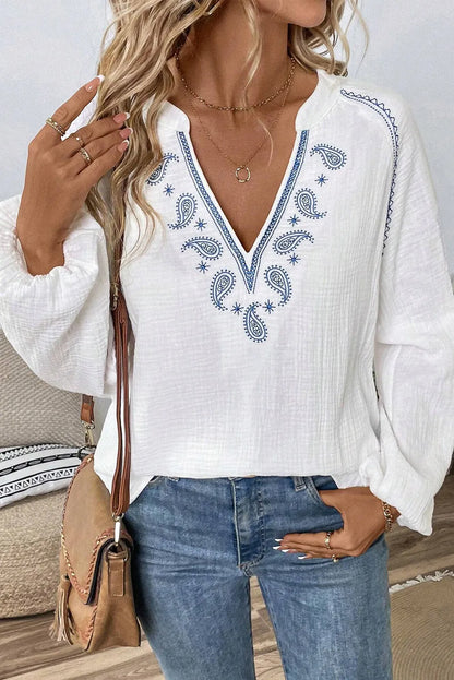 White Paisley Embroidered Split Neck Puff Sleeve Blouse | Boho Chic Top