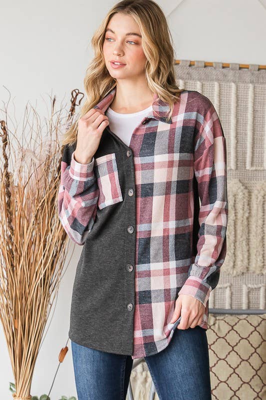 Charcoal Plaid Button-Up Shacket | Soft Brushed Flannel Everyday Layer
