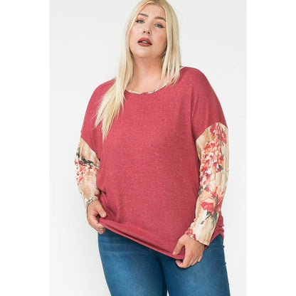 Plus-Size Floral & Solid Color-Blocked Contrast Cinch Long Sleeve Top