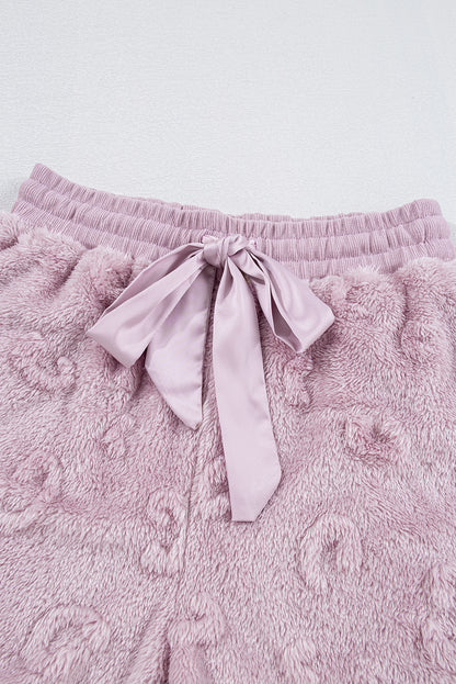 Light Pink Textured Leopard Fleece Loose Two Piece Lounge Set