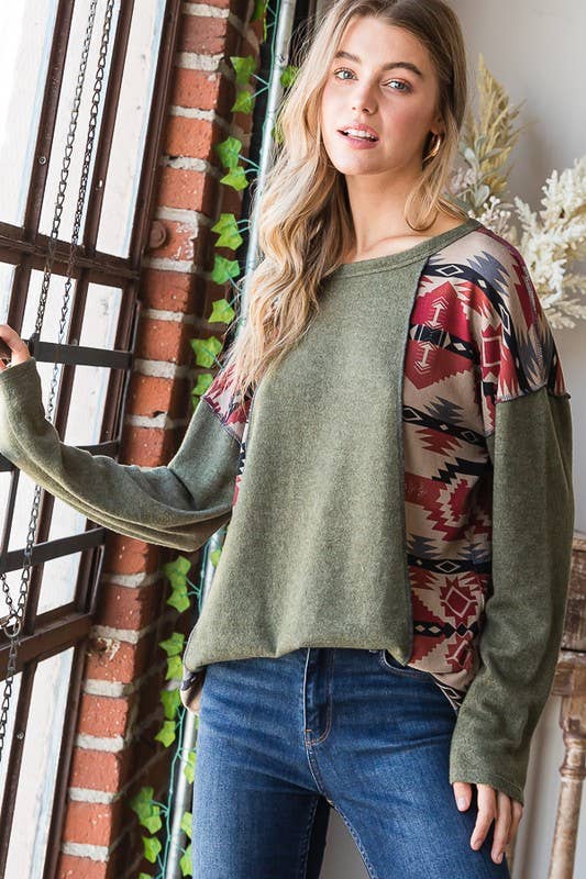 Olive Aztec Stitch Contrast Plus Top | Western Boho Long Sleeve Knit | Cozy Holiday Outfit (1X–3X)
