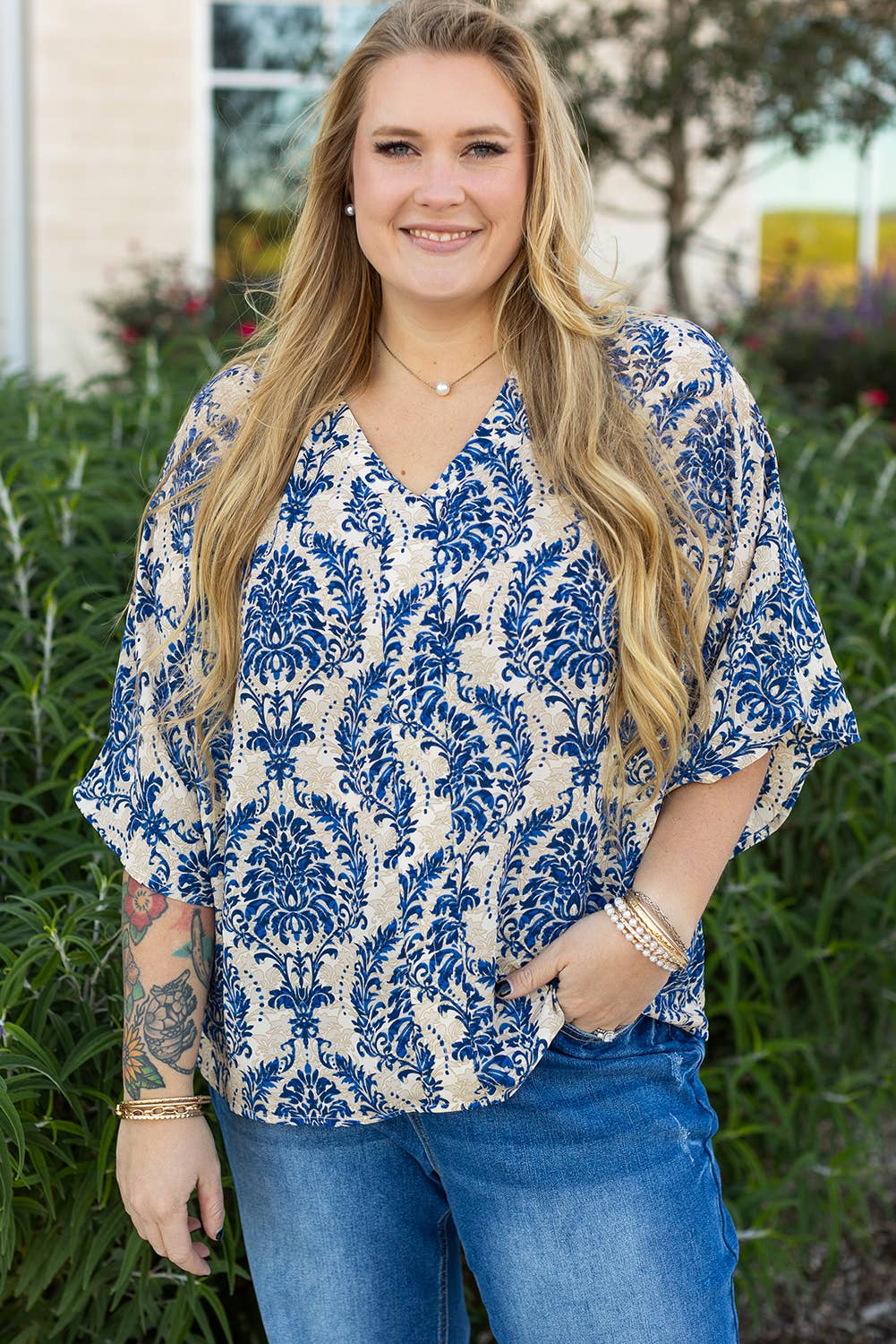Plus Size Blue Boho Ethnic 3/4 Sleeve Blouse - Flowy Fit, Statement Style