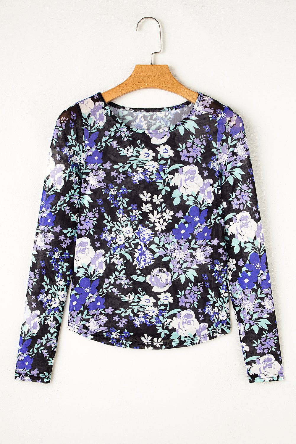 Green Floral Print Mesh Fitted Long Sleeve Top