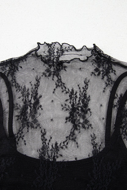 Black Floral Sheer Mesh Short Sleeve Mock Neck Blouse