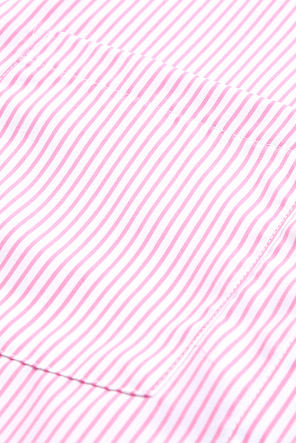 Pink Smocked Cuffed Striped Boyfriend Shirt with Pocket