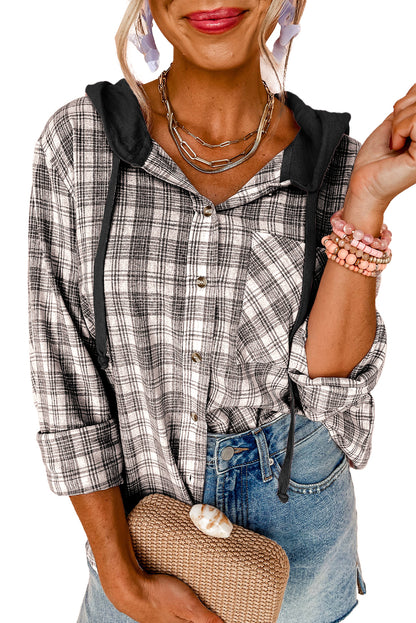 Pink Checkered Print Loose Fit Buttoned Hooded Shacket