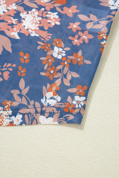 Green Floral Print Mesh Fitted Long Sleeve Top